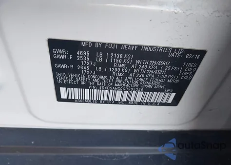 2016 Subaru Outback 2.5I Premium z USA, uszkodzony, nr VIN 4S4BSAHC0G3305350